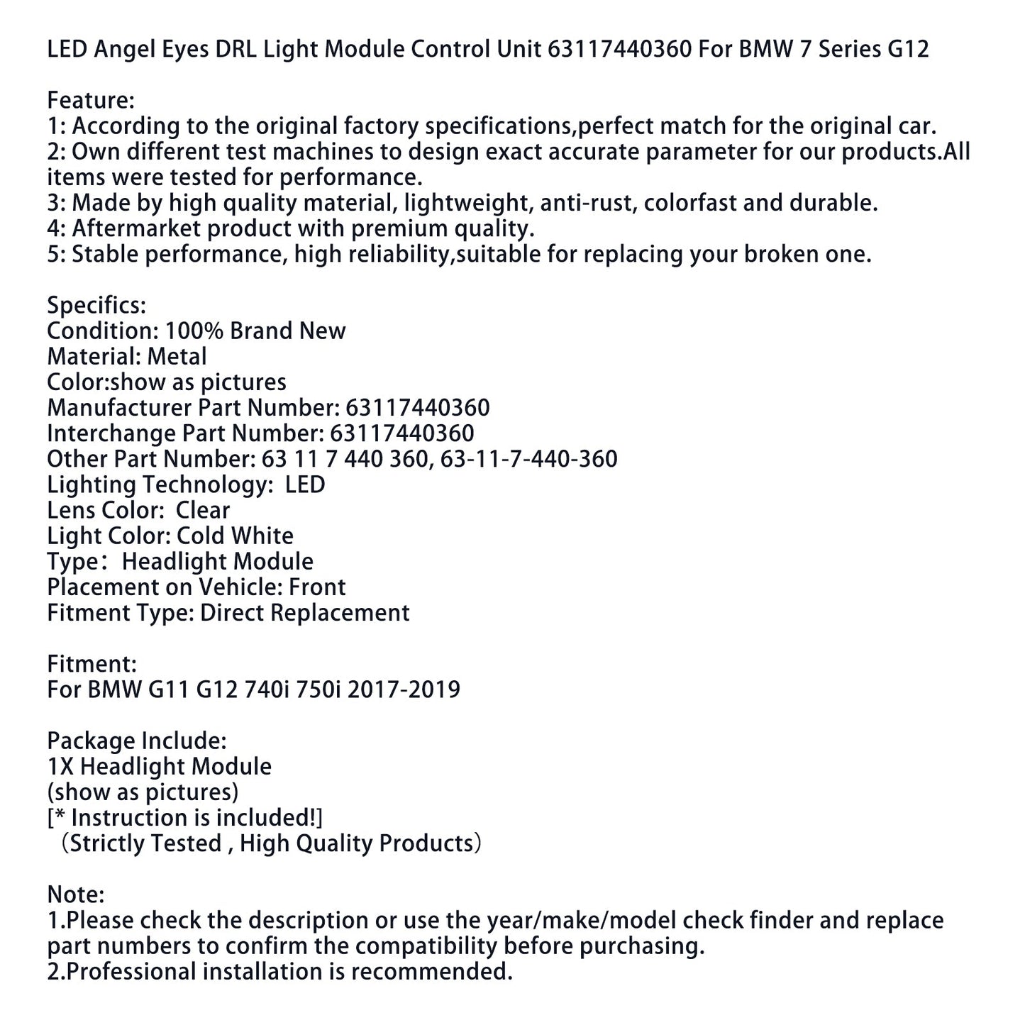 Modulo di controllo luci DRL Angel Eyes a LED per BMW Serie 7 G11 G12 740i 750i 2017-2019 63117440360