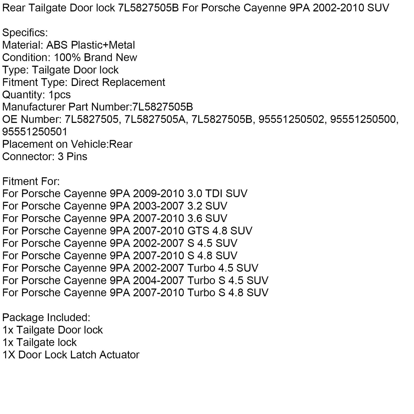 Serratura portellone posteriore 7L5827505B per Porsche Cayenne 9PA 2002-2010 SUV