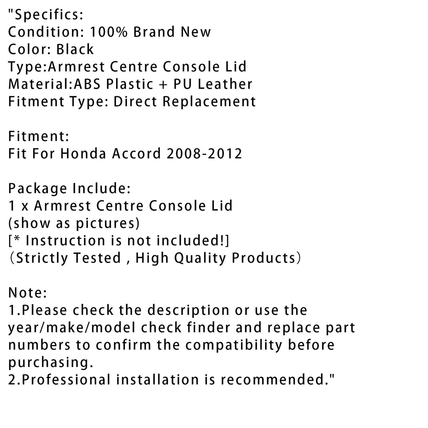 Coperchio della console centrale del bracciolo in pelle nera per Honda Accord 2008-2012
