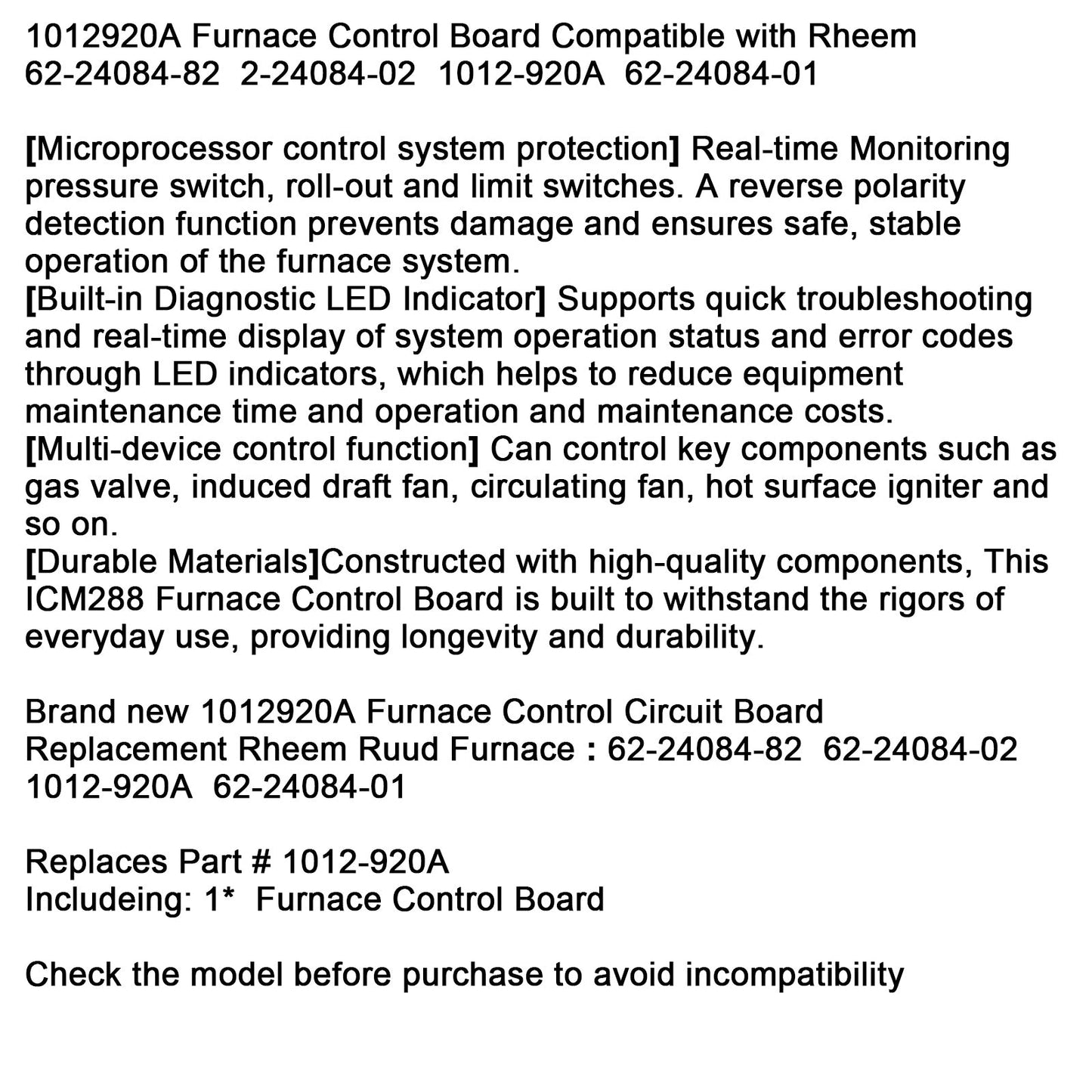 Scheda di controllo della fornace 1012920A compatibile con Rheem 62-24084-82 2-24084-02