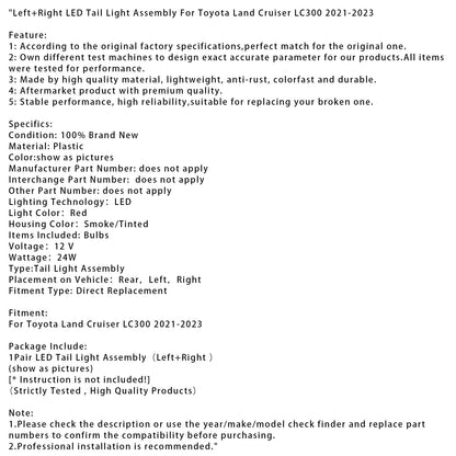 Gruppo ottico posteriore a LED sinistro e destro per Toyota Land Cruiser LC300 2021-2023
