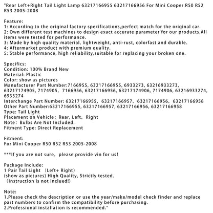 2005-2008 Mini Cooper R50 R52 R53 Fanale posteriore L+R 63217166955 56