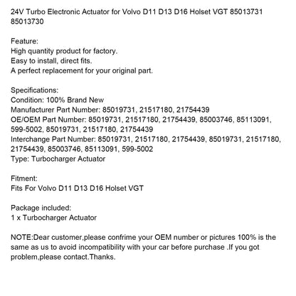 Volvo D11 D13 D16 Holset VGT 24V Turbo Attuatore elettronico 85013731 85013730