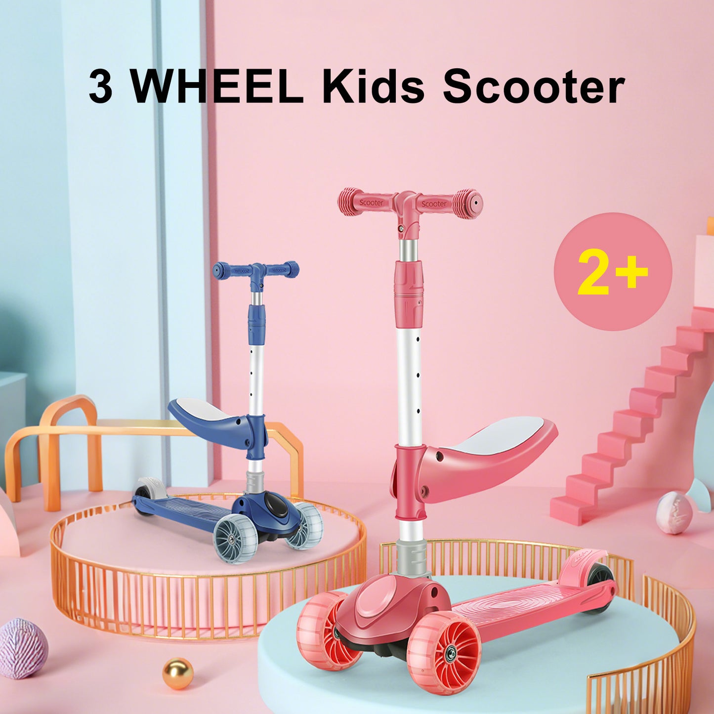 2-in-1 bambini scooter pieghevole seduta luce 3 ruote regolabile pieghevole barra rosa