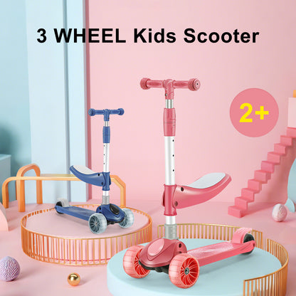 2-in-1 bambini scooter pieghevole seduta luce 3 ruote regolabile pieghevole barra rosa