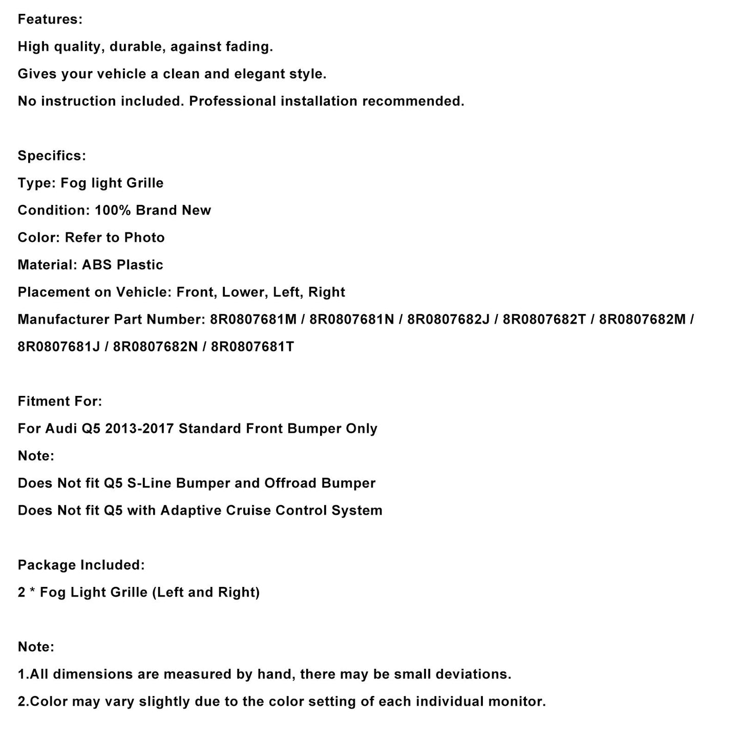 Griglia fendinebbia paraurti anteriore nera Audi Q5 2013-2017 8R0807681M