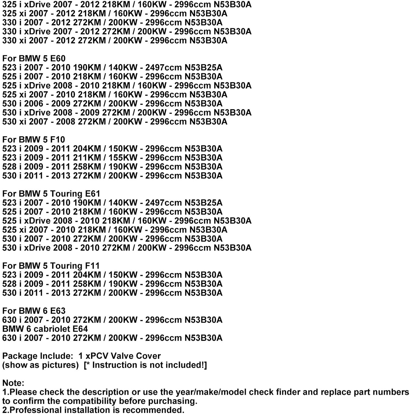 BMW N53 325i 330i 525i 528i 530i 630i E60 E90 Coperchio valvola PCV 11127548196