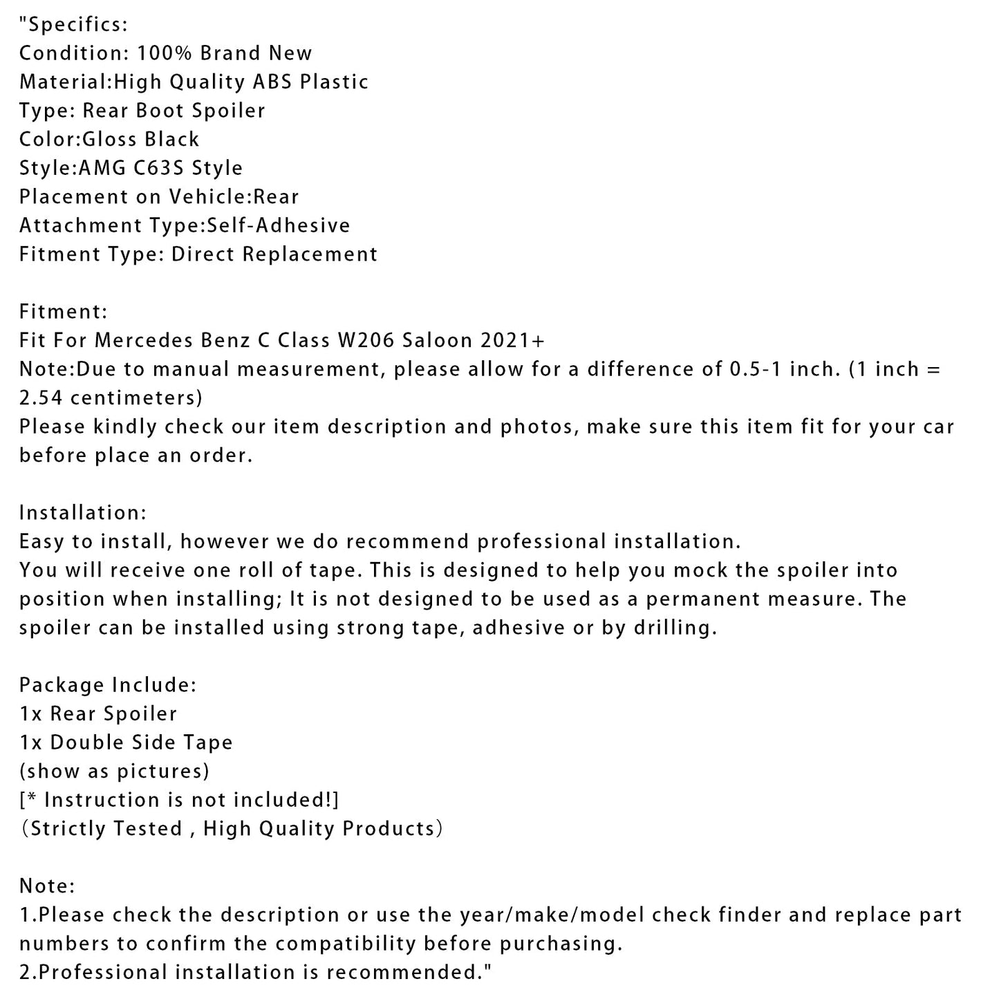 Spoiler posteriore nero lucido Mercedes-Benz Classe C W206 AMG C63 S Style 2021+