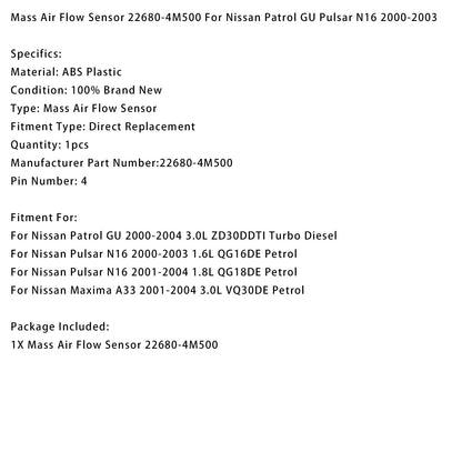 Sensore di flusso d'aria di massa 22680-4M500 per Nissan Patrol GU Pulsar N16 2000-2003