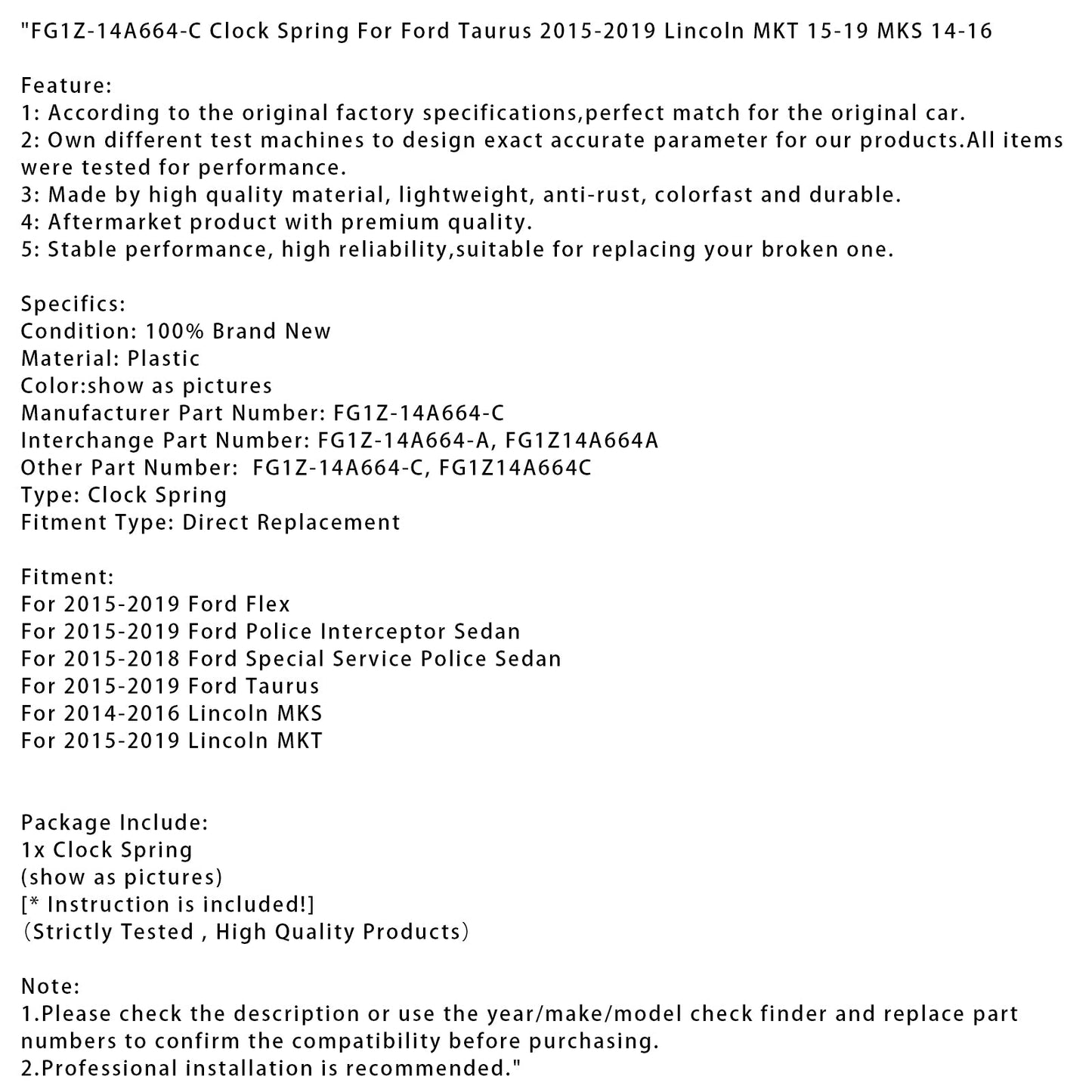 Molla di regolazione FG1Z-14A664-C per Ford Taurus 2015-2019 Lincoln MKT 15-19 MKS 2014-2016