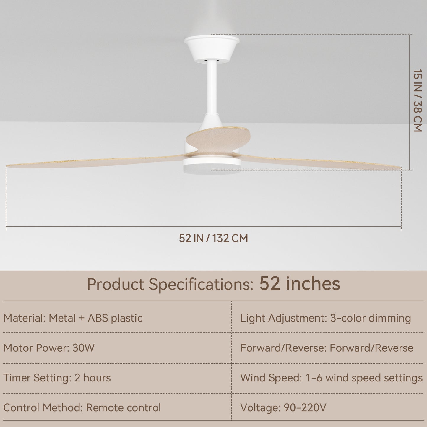 Telecomando Ventilatore moderno 52" con luce 6 velocità Nero-Bianco