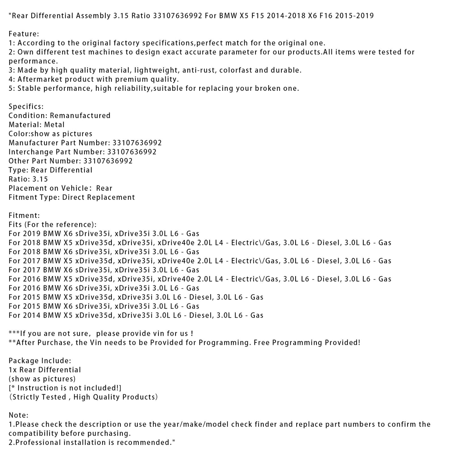 Gruppo differenziale posteriore rapporto 3,15 33107636992 per BMW X5 F15 2014-2018 X6