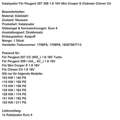 Peugeot 308 I (4A_, 4C_) 1.6 16V Convertitore catalitico 1706F6 18307587713