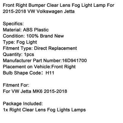 Lampada fendinebbia trasparente per paraurti anteriore destro VW Volkswagen Jetta 2015-2018