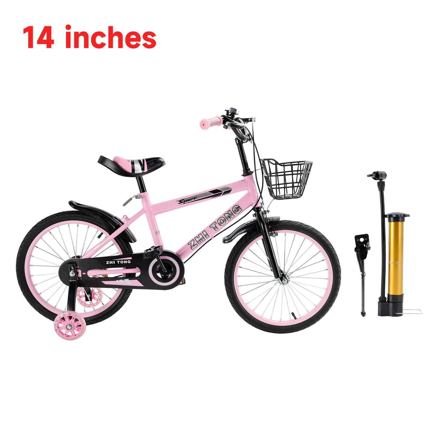 Bicicletta per bambini da 14 pollici, Sedile e maniglia regolabili, Telaio in acciaio al carbonio, Doppi freni, Ruote radio a prova di urti, Ruota flash magnetica, Ruote di sostegno smontabili