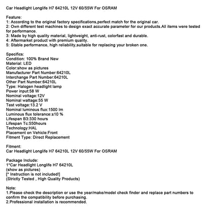 Faro auto Longlife H7 64210L 12V 60/55W per OSRAM