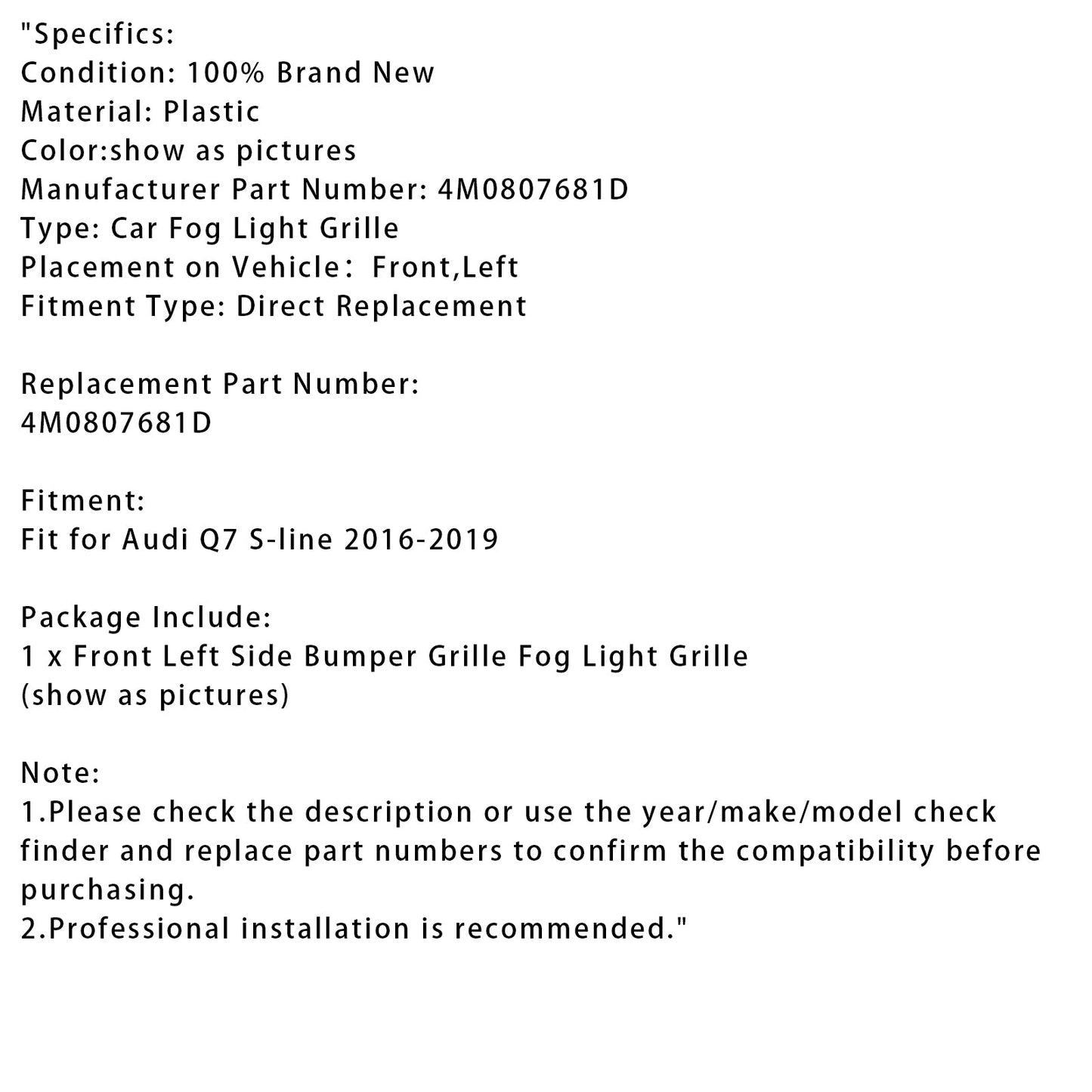 Griglia fendinebbia originale Audi Q7 S-Line 2016-2019 lato sinistro 4M0807681D