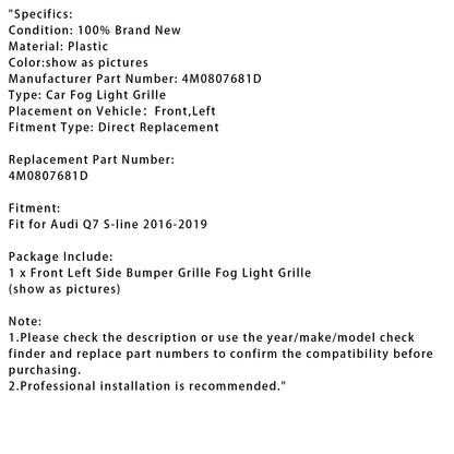 Griglia fendinebbia originale Audi Q7 S-Line 2016-2019 lato sinistro 4M0807681D