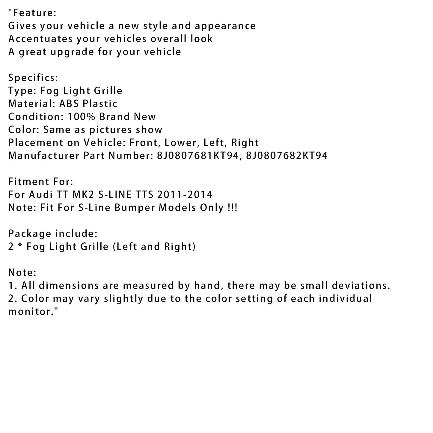 Griglia fendinebbia cromata per paraurti anteriore Audi TT MK2 S-Line TTS 2011-2014
