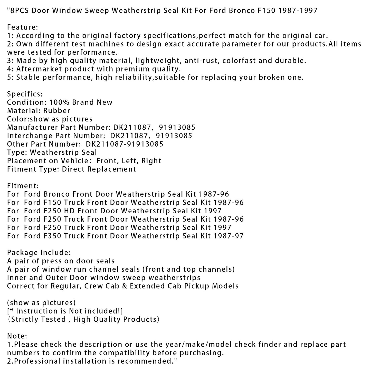 Kit guarnizioni per portiera anteriore Ford Bronco 1987-1996, 8 pezzi, kit guarnizioni per finestrini e portiere