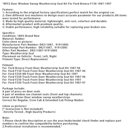 Kit guarnizioni per portiera anteriore Ford Bronco 1987-1996, 8 pezzi, kit guarnizioni per finestrini e portiere