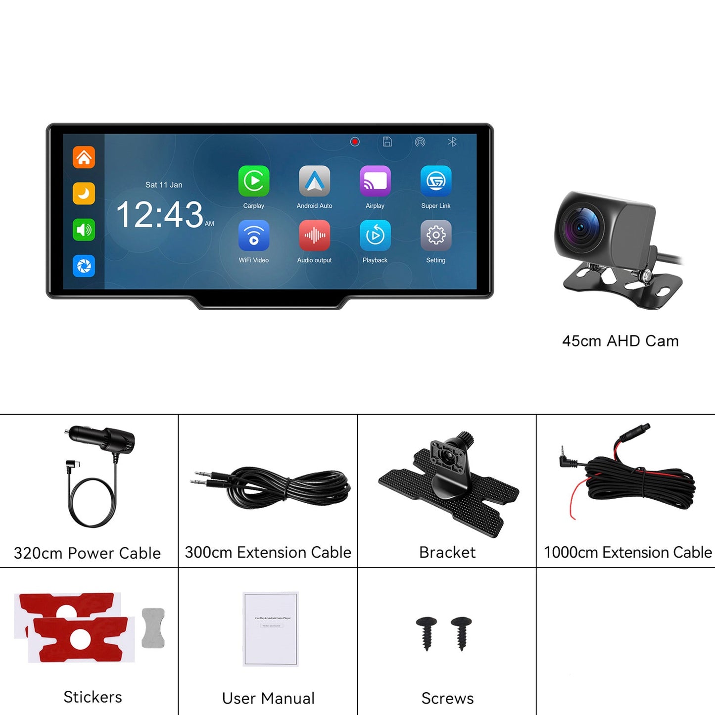 Navigazione per auto portatile Bluetooth da 10,26"", autoradio wireless Carplay, telecamera AHD