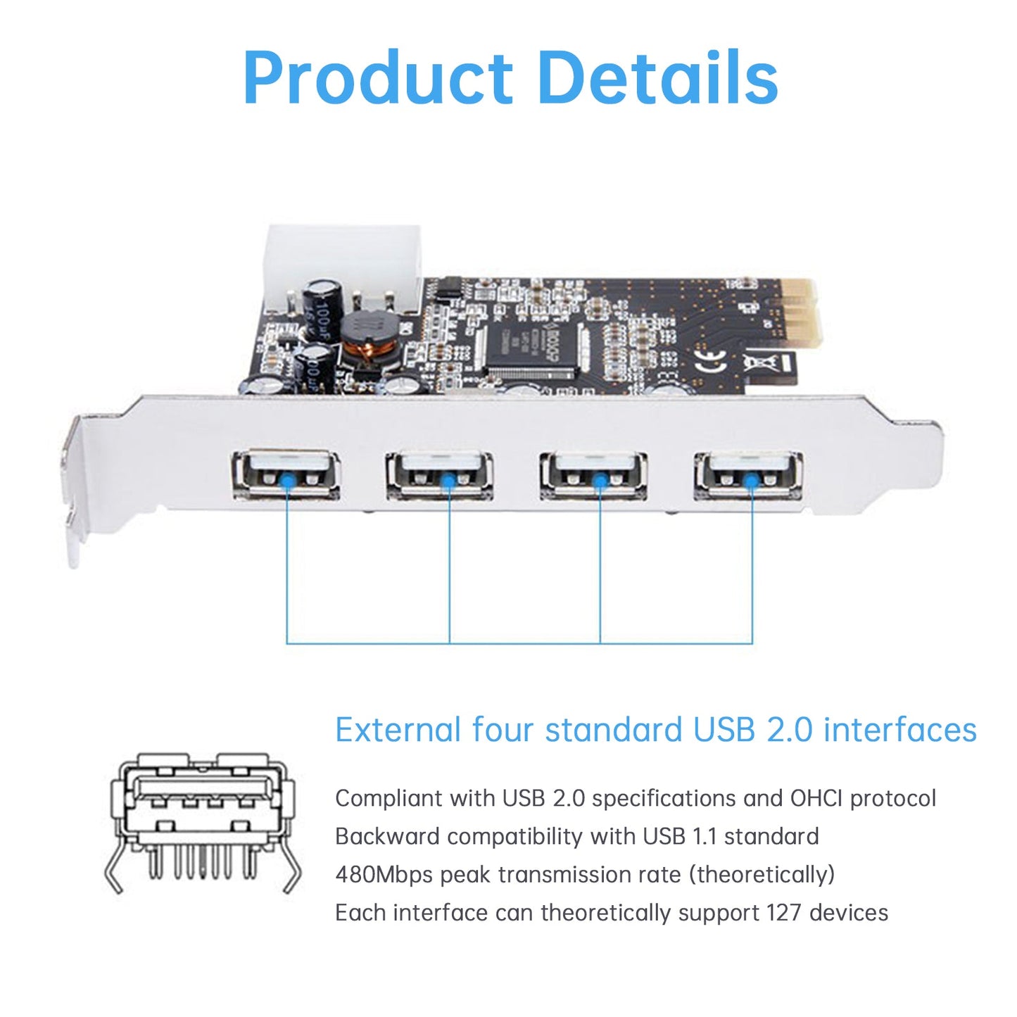 Scheda di espansione HUB 2.0 PCIE a USB 2.0, scheda adattatore Moschip, alimentazione a 4 pin