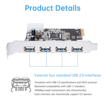Scheda di espansione HUB 2.0 PCIE a USB 2.0, scheda adattatore Moschip, alimentazione a 4 pin