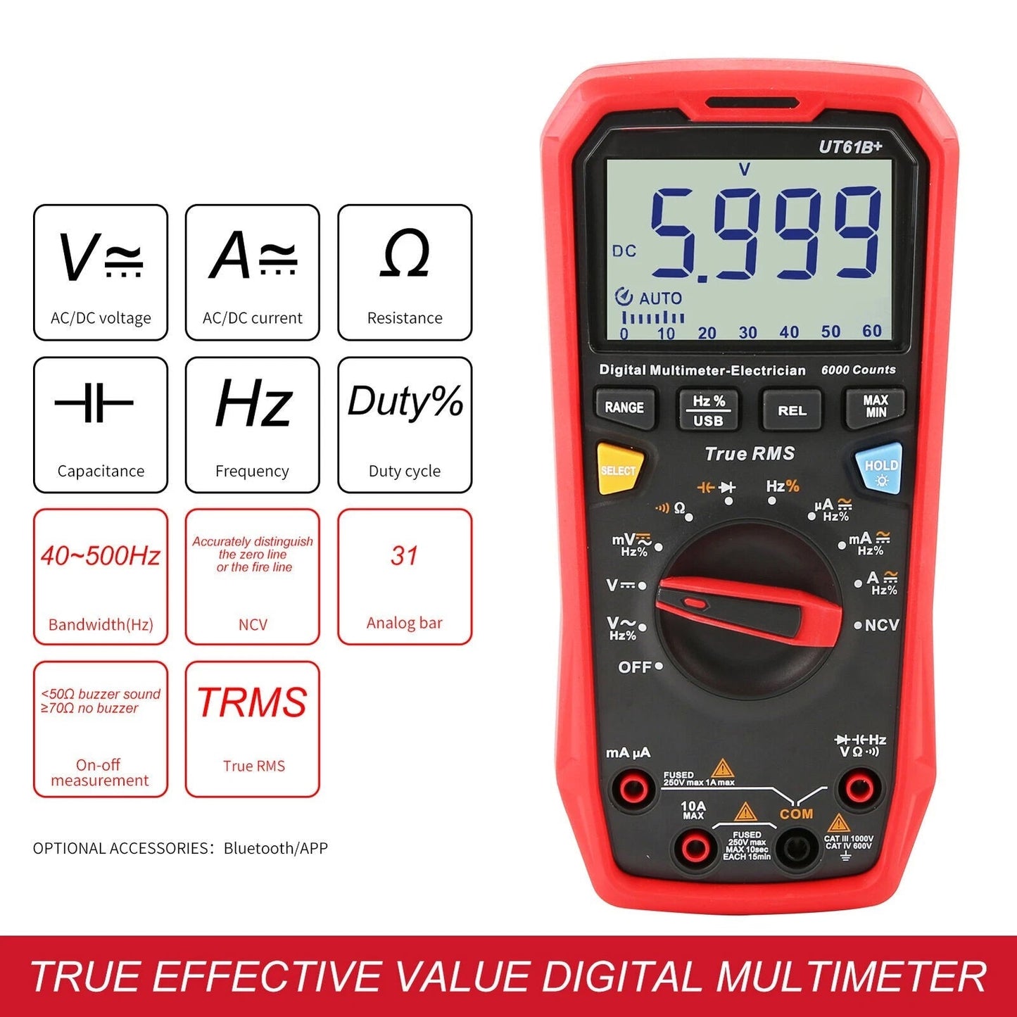 Multimetro digitale UT61B+ per test di tensione, corrente, resistenza e capacità in corrente alternata/continua.