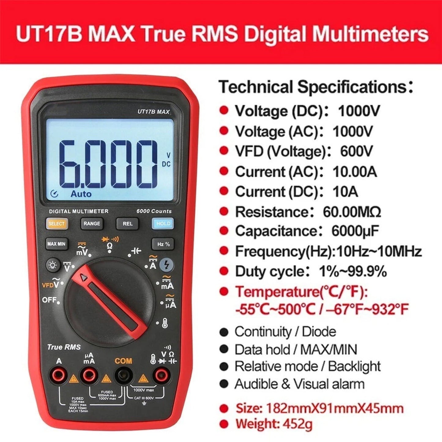 Multimetro digitale UT17B MAX con commutazione funzione CC/CA e misurazione C/V/I/R.