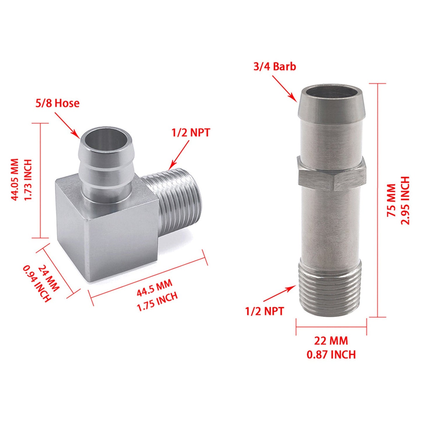 Raccordo per tubo flessibile del riscaldatore da 2 pezzi, pompa dell'acqua da 3/4"", aspirazione da 5/8"" per motori Chevy SBC V8