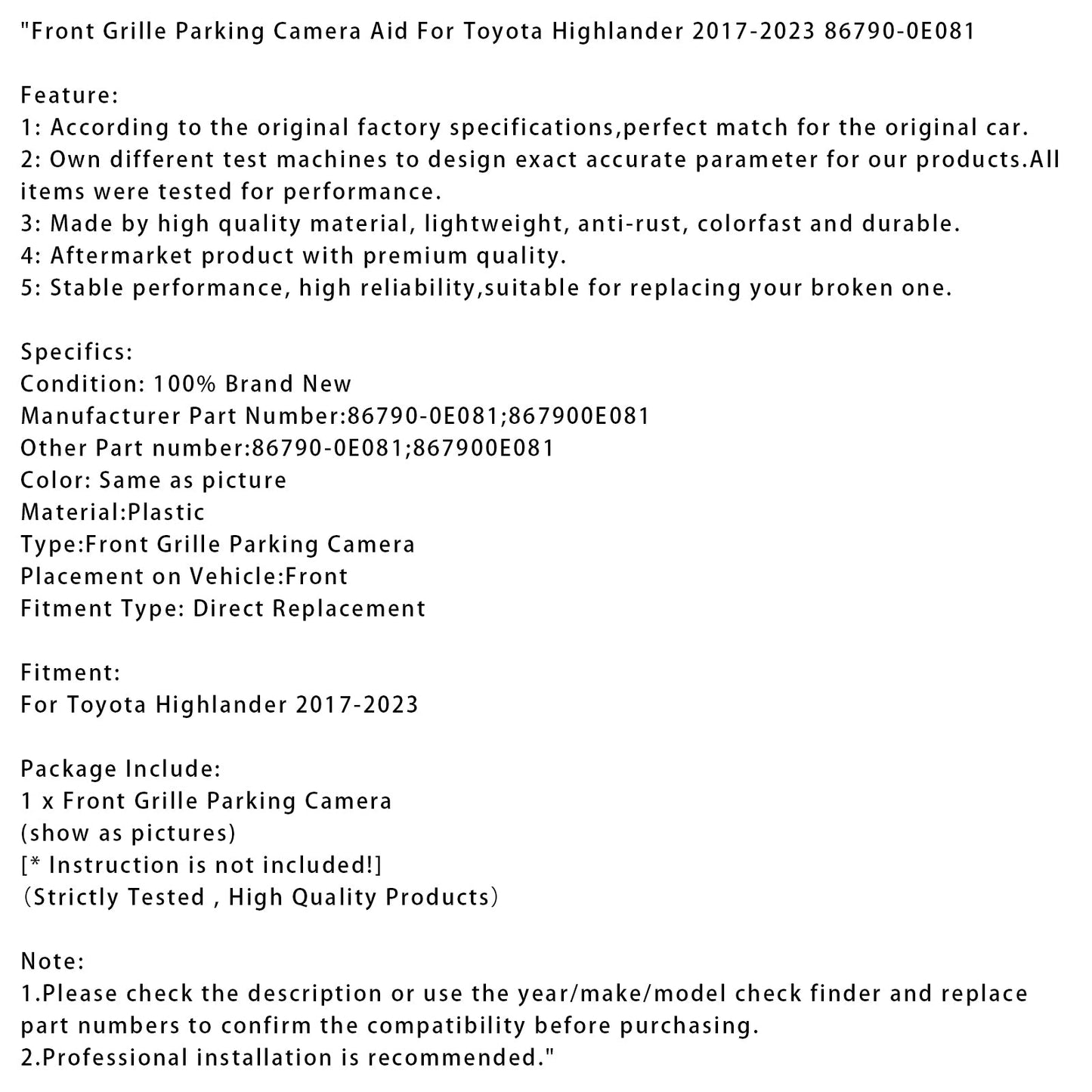 Telecamera di parcheggio per griglia anteriore Toyota Highlander 2017-2023 86790-0E081