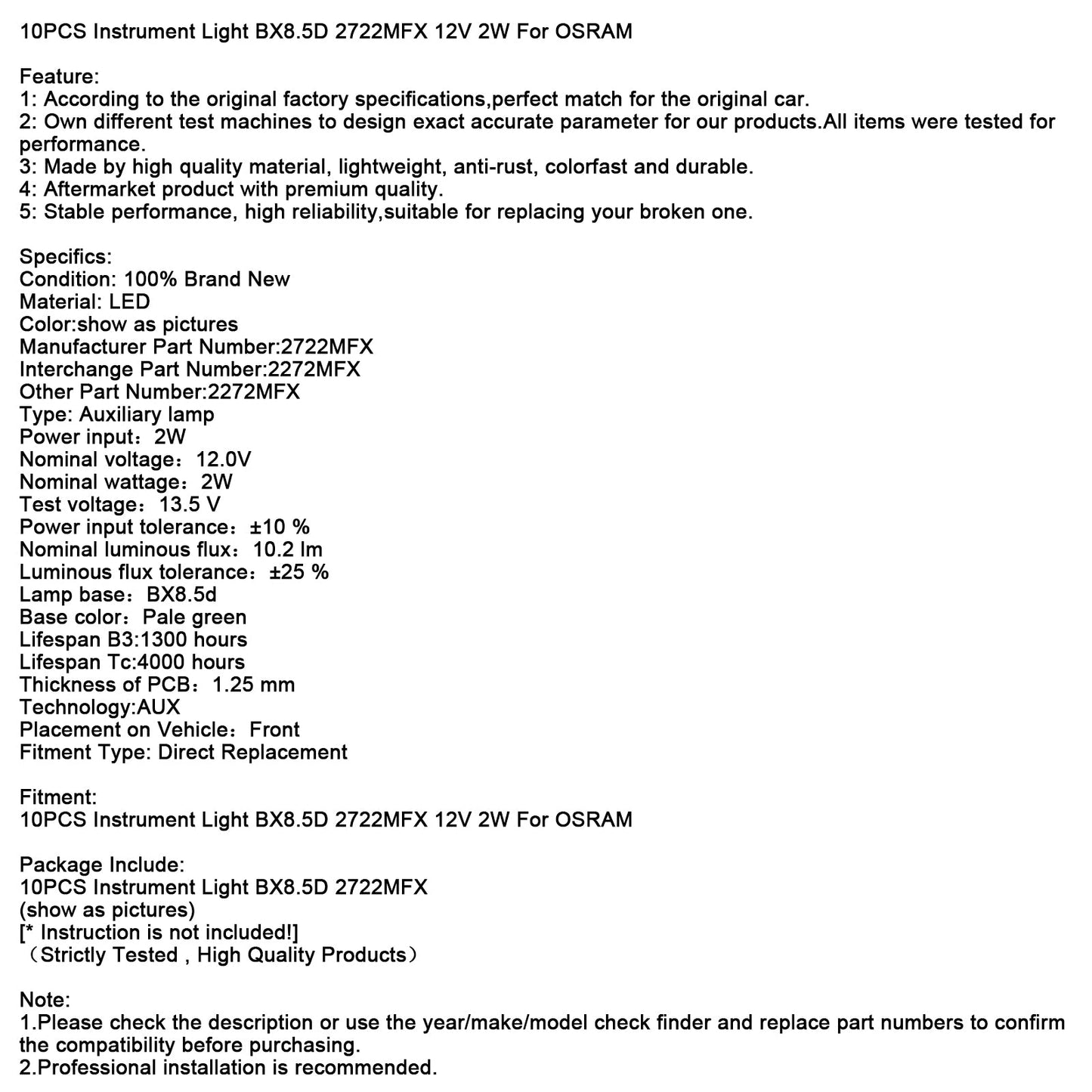 10 pezzi Luce per strumenti BX8.5D 2722MFX 12V 2W per OSRAM