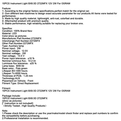 10 pezzi Luce per strumenti BX8.5D 2722MFX 12V 2W per OSRAM