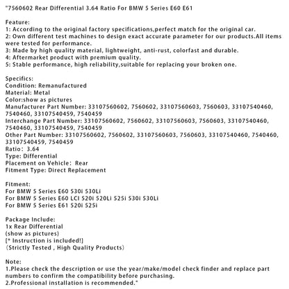 BMW Serie 5 E60 LCI 520i 520Li 525i 530i 530Li Differenziale posteriore rapporto 3,64 7560602