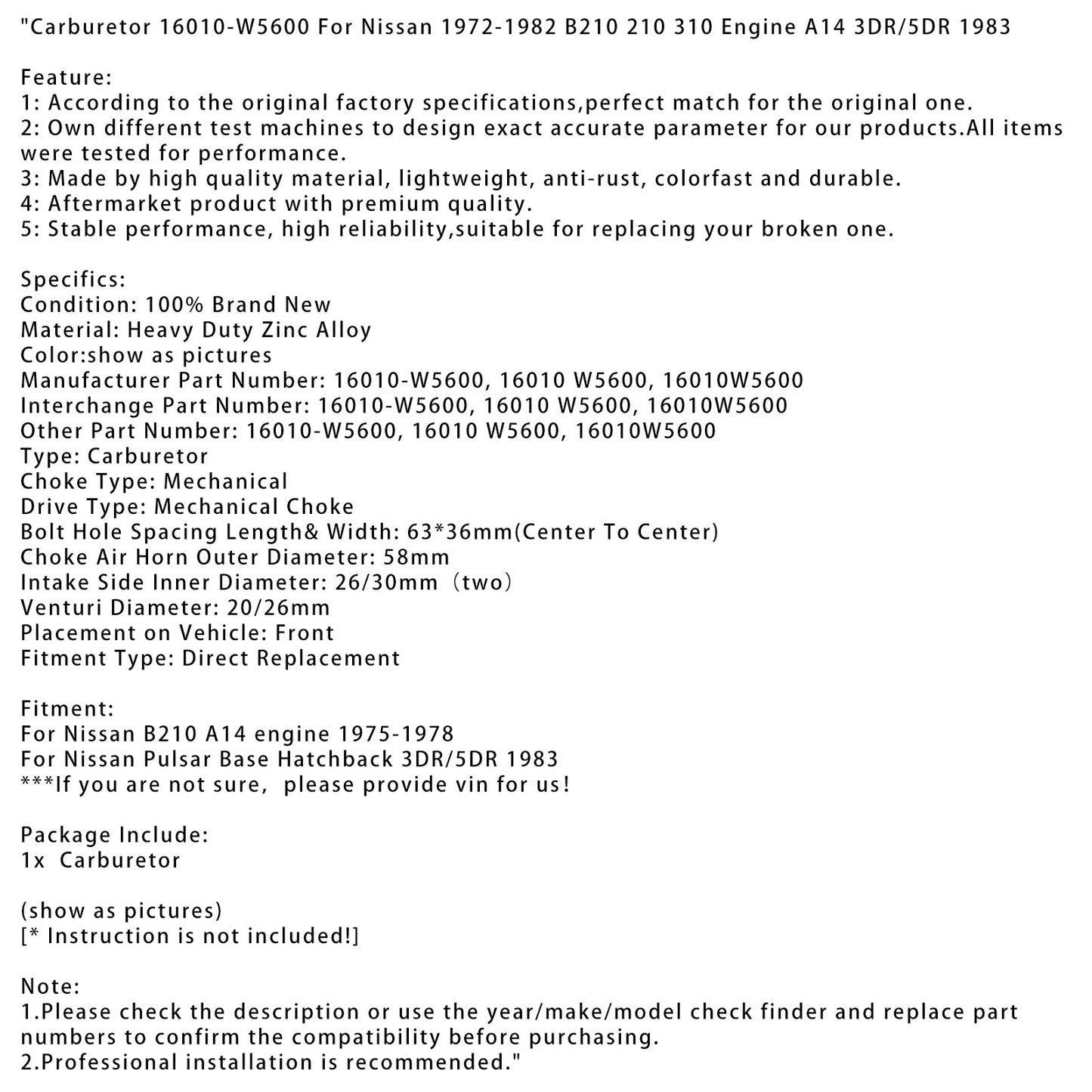 Nissan Pulsar Base Hatchback 3DR/5DR 1983 Carburatore 16010-W5600