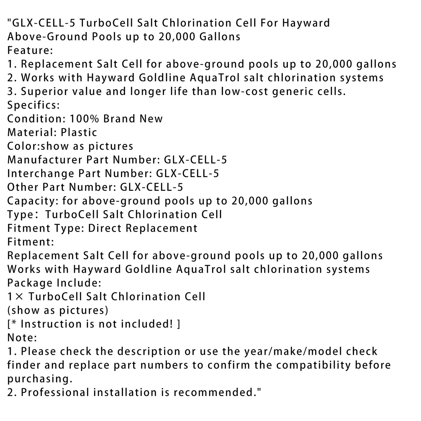 Cella di clorazione salina TurboCell GLX-CELL-5 per piscine Hayward fino a 20.000 galloni
