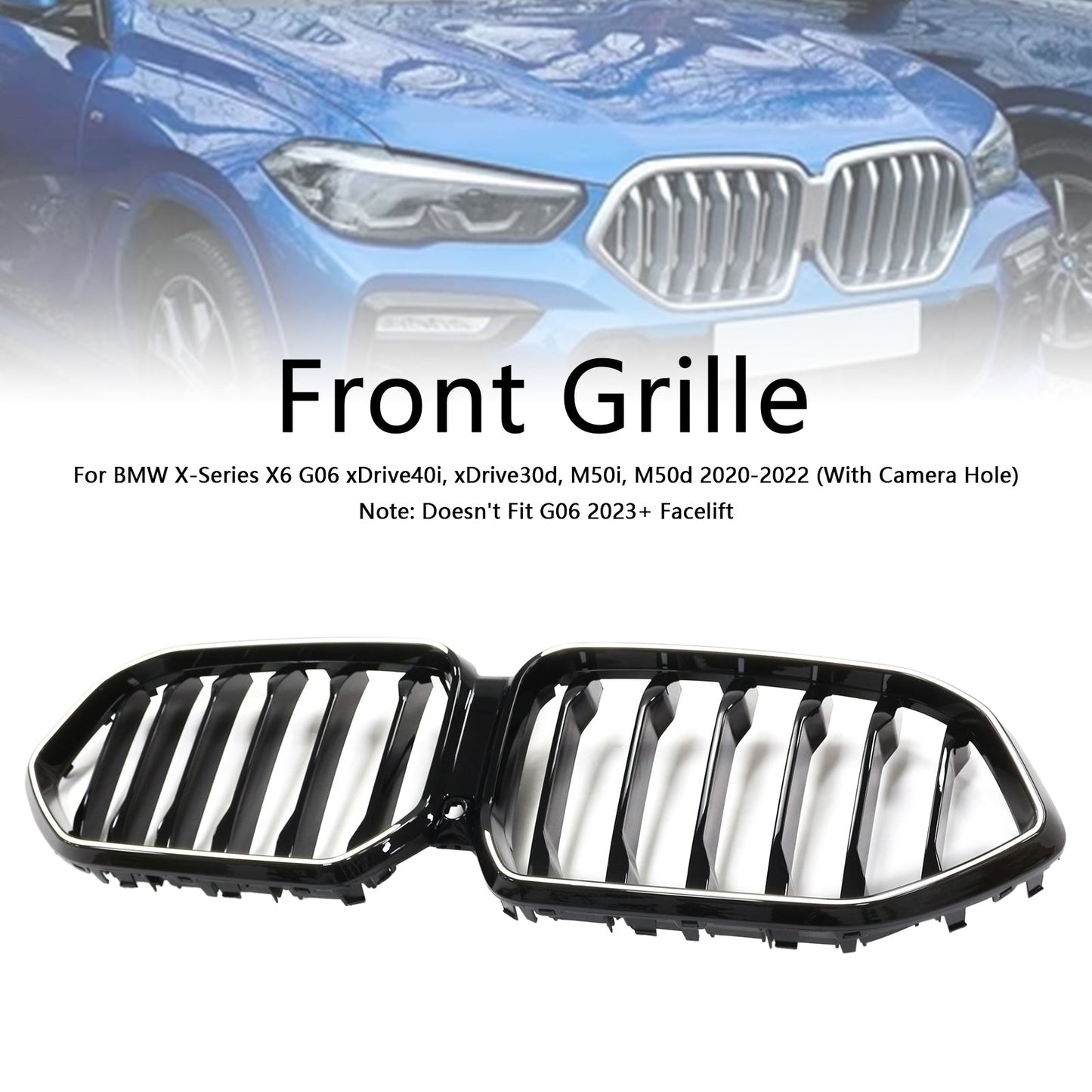 Griglia paraurti anteriore nera BMW X6 G06 M50i 2020-2022 con foro per telecamera