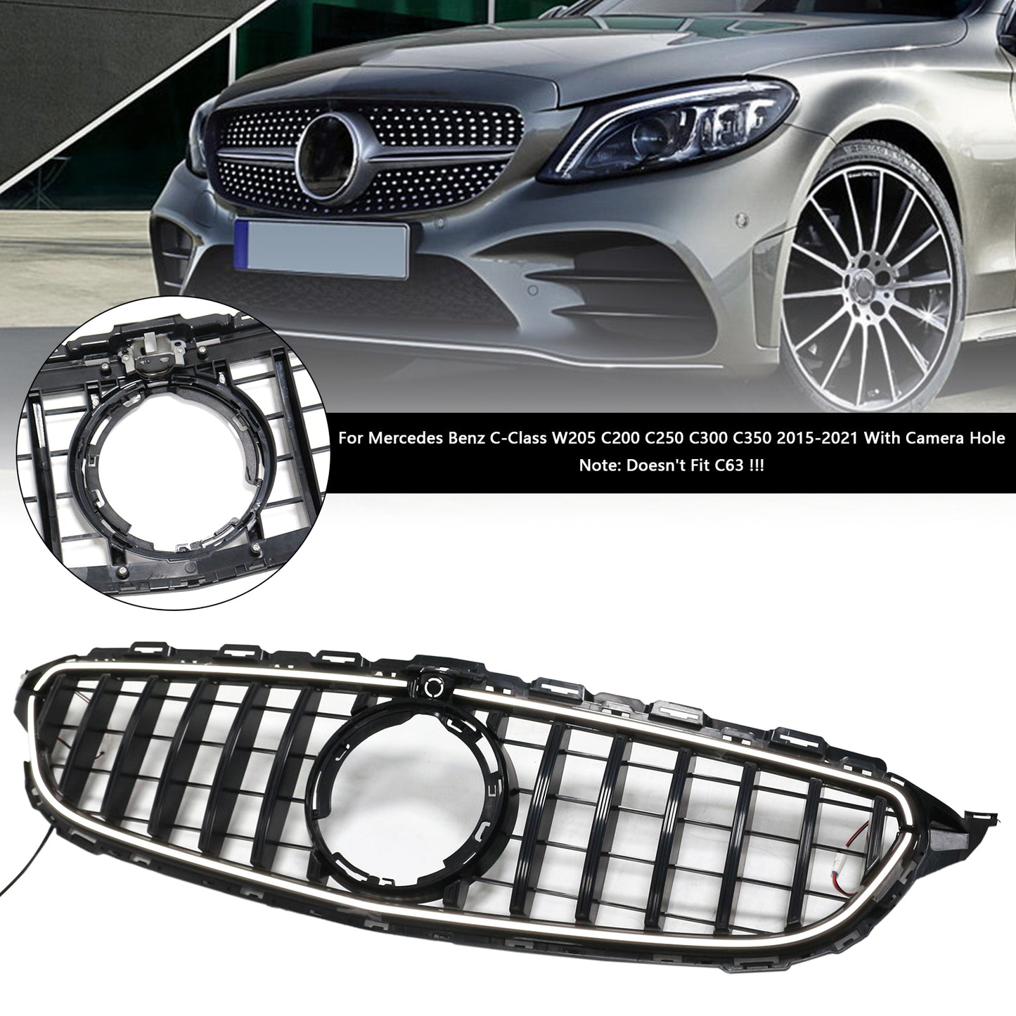 Per Mercedes W205 C250 C300 2015-2021 W/LED Griglia paraurti anteriore nera