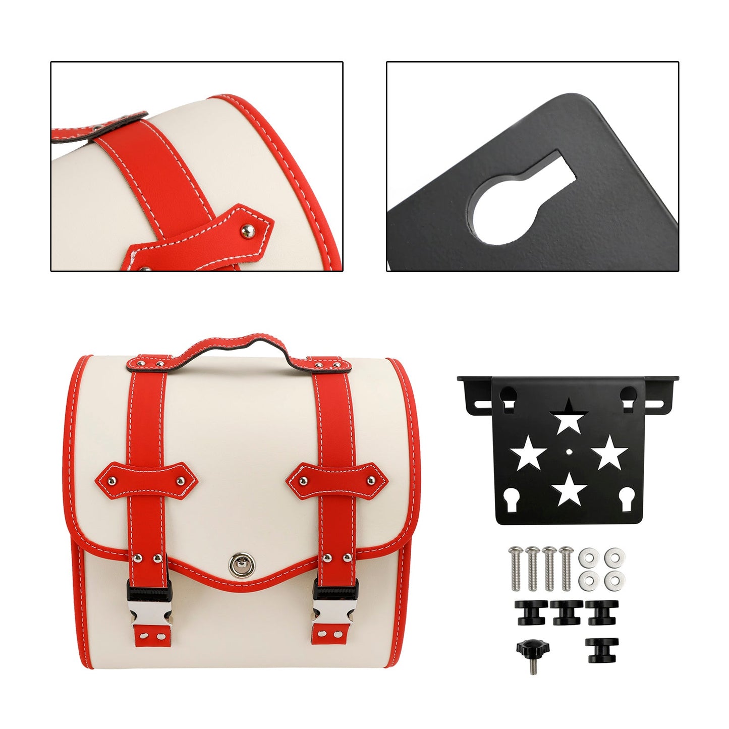 Set di borse laterali a sgancio rapido con staffa, colore bianco, per riporre bagagli su moto.