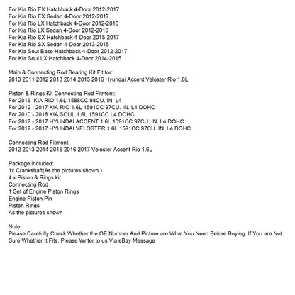2012-2016Hyundai Accent GL Hatchback 4 porte Kit albero motore e pistone biella 23041-2B600