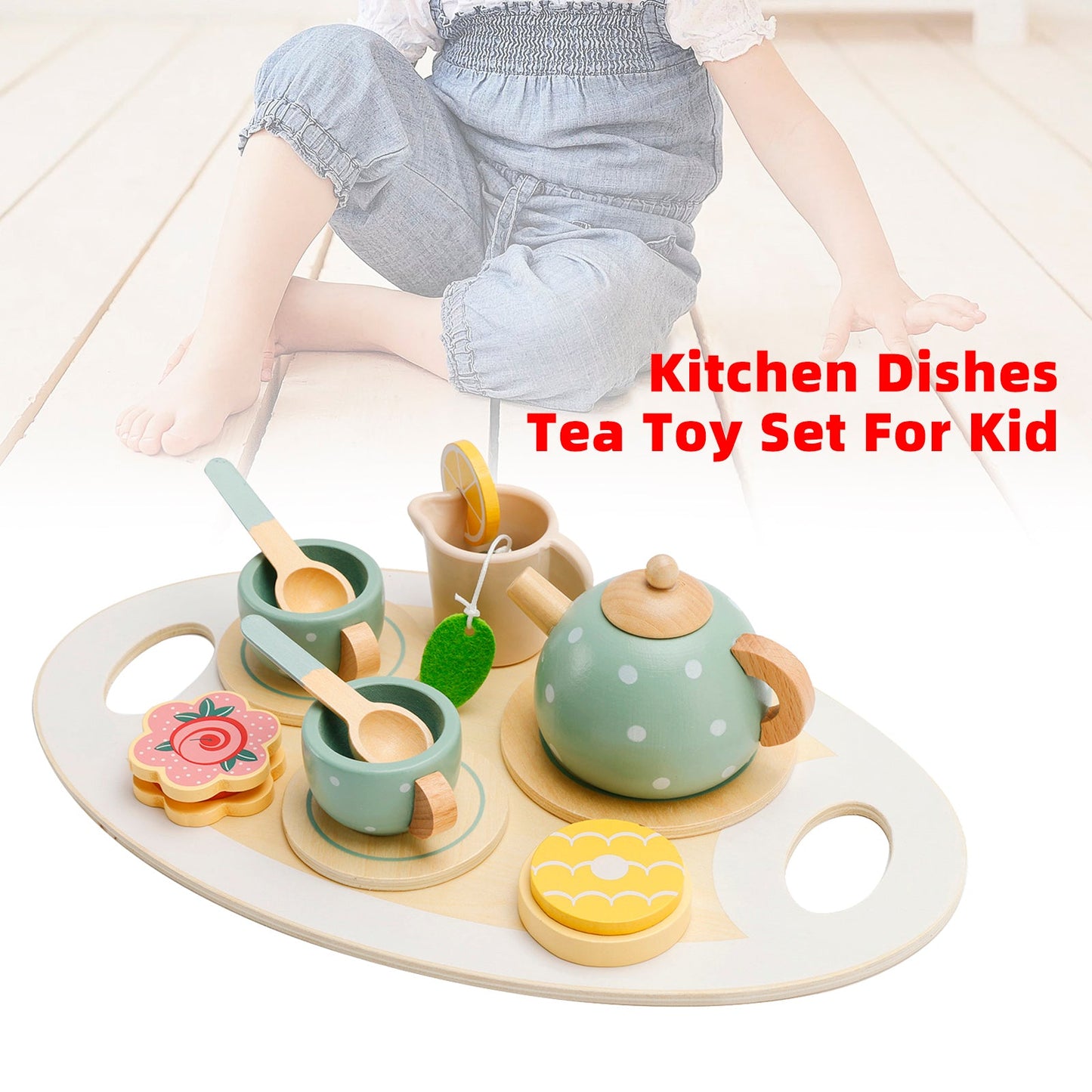 15 pezzi set da tè in legno da cucina occidentale, piatti da cucina giocattolo/set da tè per bambini
