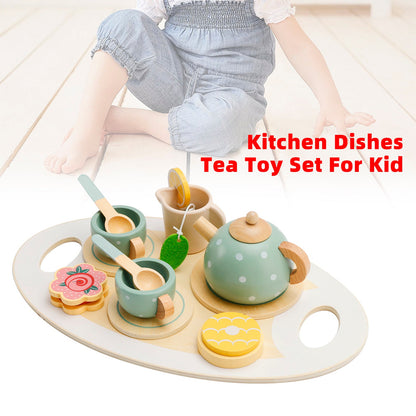 15 pezzi set da tè in legno da cucina occidentale, piatti da cucina giocattolo/set da tè per bambini