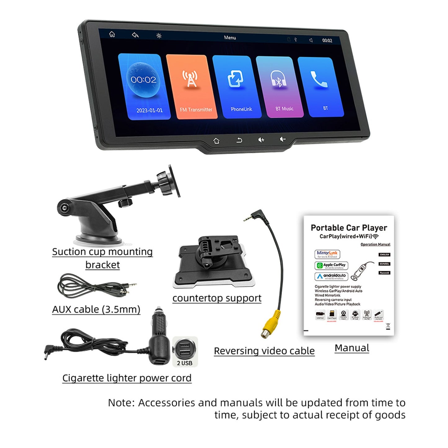 Schermo da 10,26" portatile wireless Carplay Bluetooth MP5 Player + 4 LED Camera