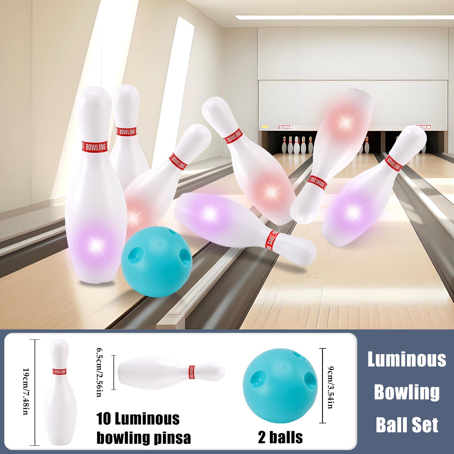 Set di palle da bowling luminose da 19 cm, giocattolo da gioco per feste per bambini, da interno e da esterno