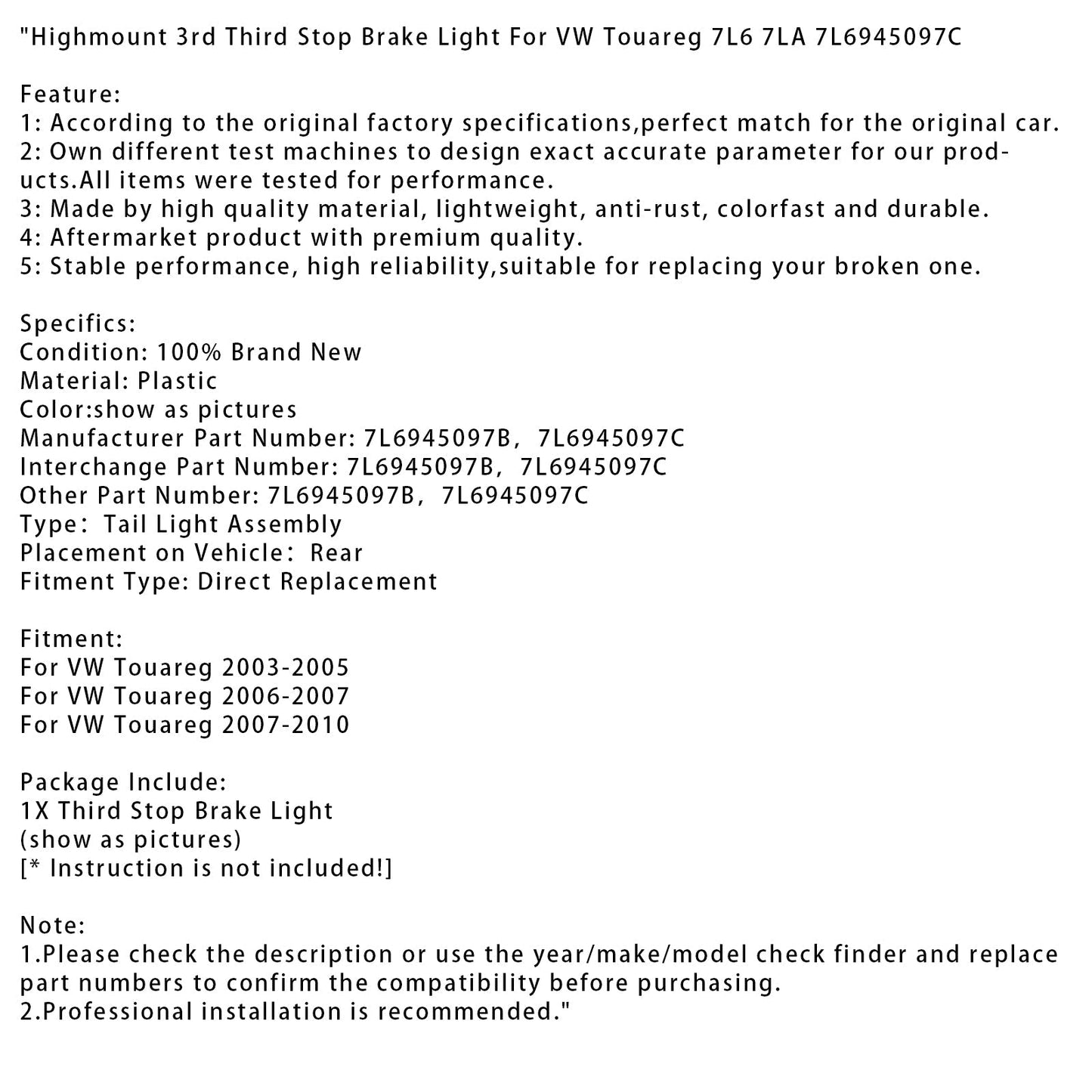 2003-2010 VW Touareg Highmount 3° terzo stop luce freno 7L6 7LA 7L6945097C
