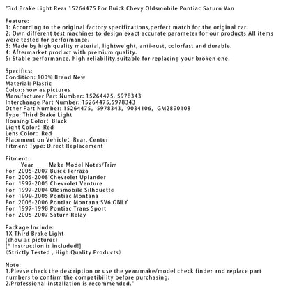 Terza luce freno posteriore 15264475 per Buick Chevy Oldsmobile Pontiac Saturn Van