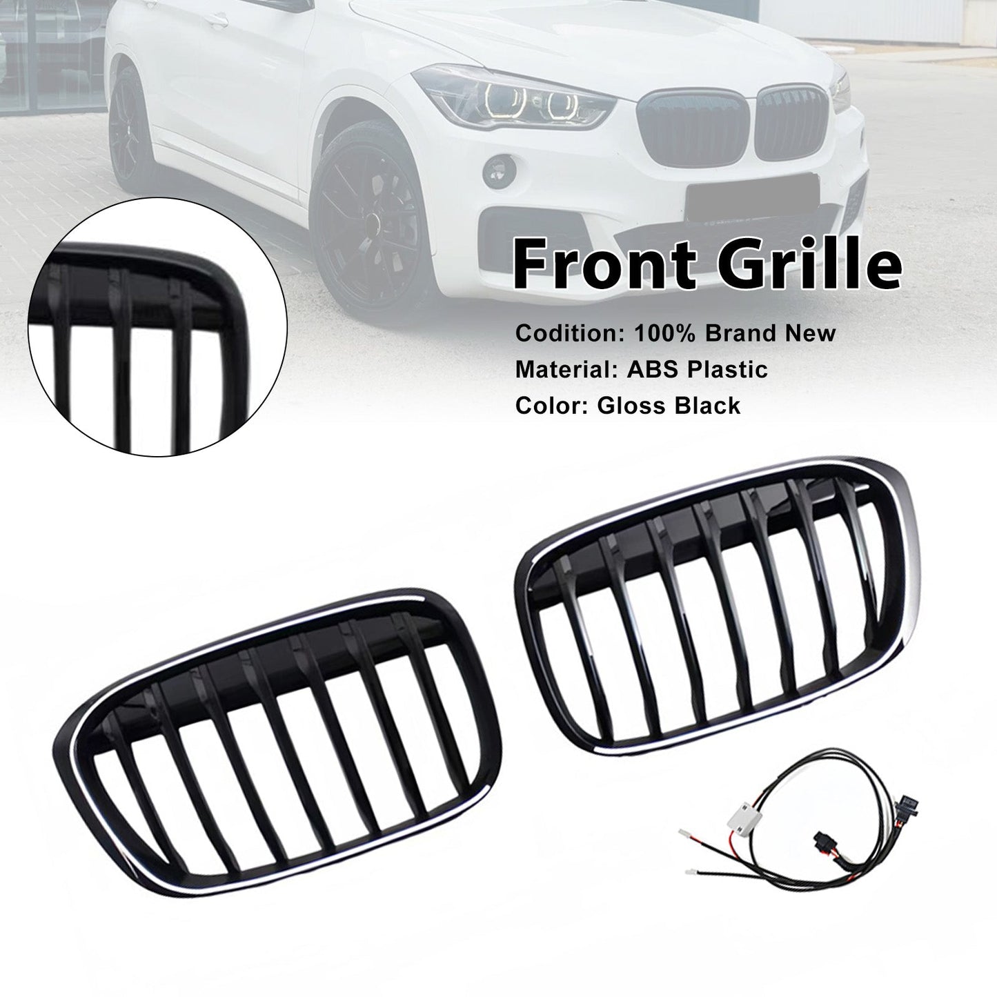 Griglia anteriore a doppio rene nera lucida, compatibile con BMW X1 F48 F49 2016-2019 (2 pezzi).