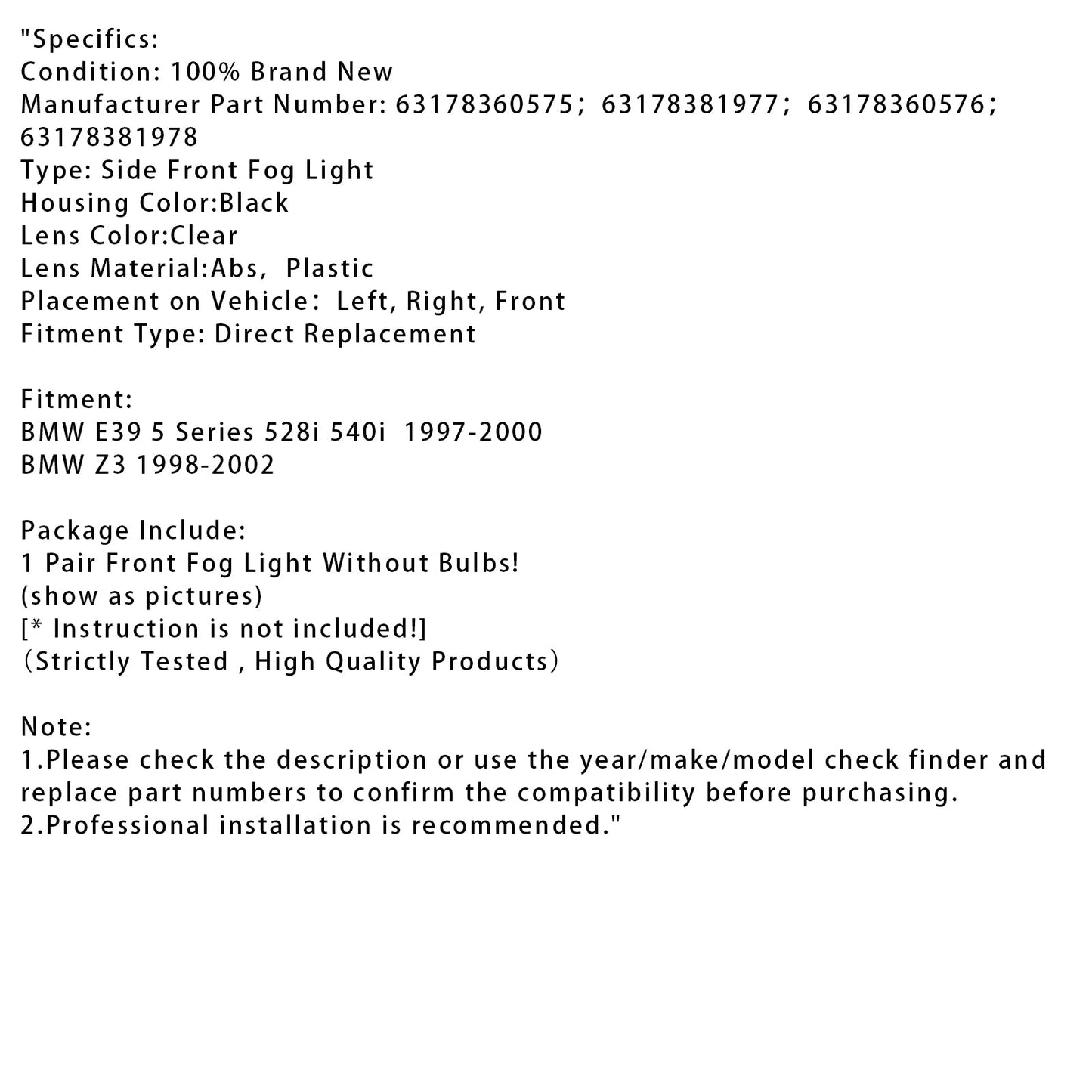 Coppia di fari fendinebbia paraurti anteriore senza lampadine per BMW E39 Serie 5 1995-1998