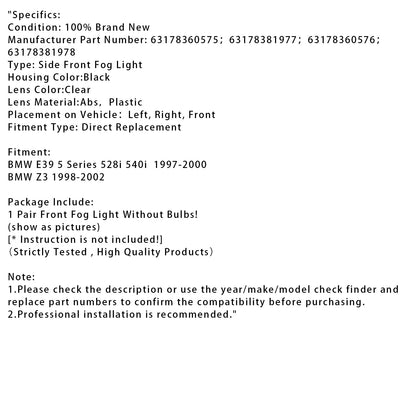Coppia di fari fendinebbia paraurti anteriore senza lampadine per BMW E39 Serie 5 1995-1998